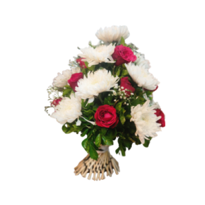 Cage Flower Basket with White Chrysanthemum’s & Red Roses